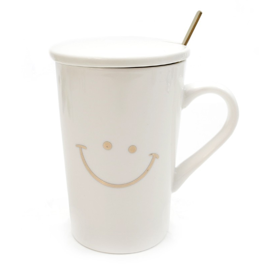 Taza blanca smile tapa y cuchara "Golden Chic" / Nadie sin regalo